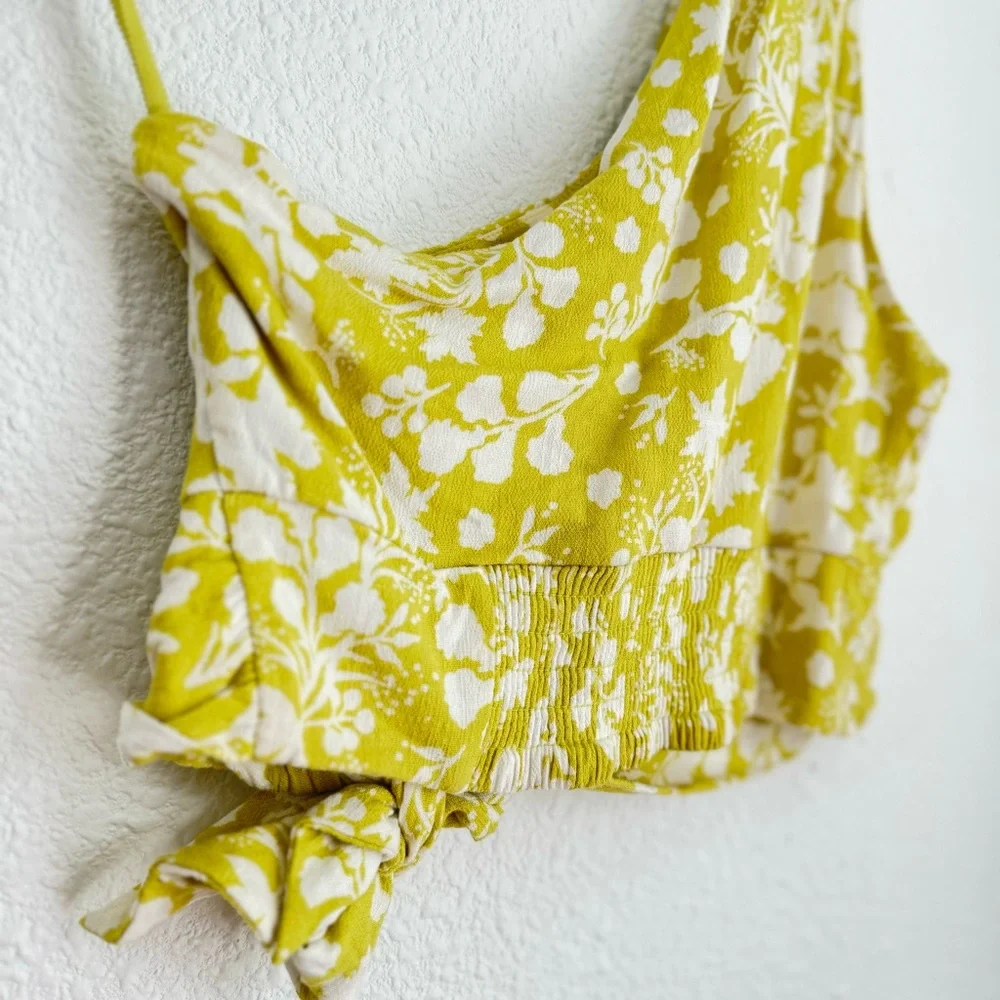 Free People Carmen one shoulder yellow tropical cropped tie blouse top size S